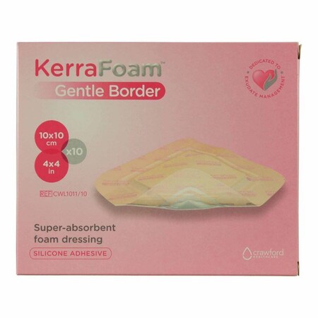 Kerrafoam Gentle Border Foam Dressing 4 X 4 Inch With Border Film Backing Silicone Adhesive Square Sterile, 10PK CWL1011